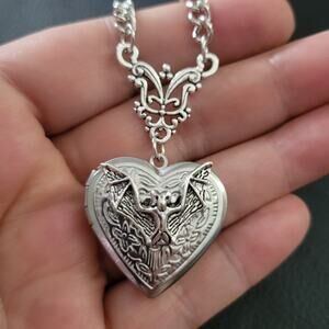 Gothic bat & heart shaped locket necklace
